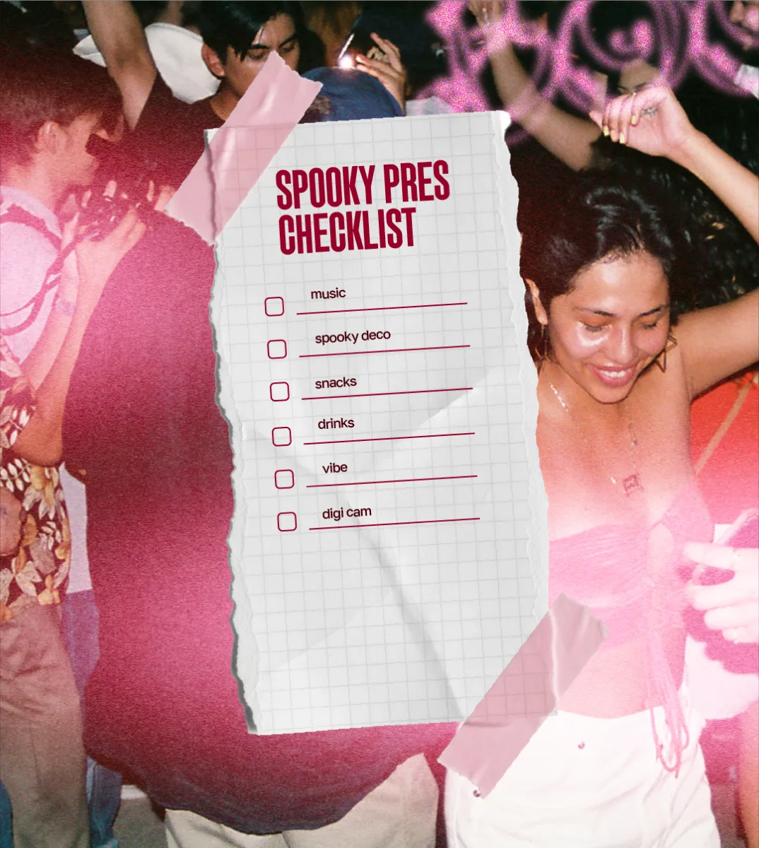 A handwritten spooky pres checklist held up at a party