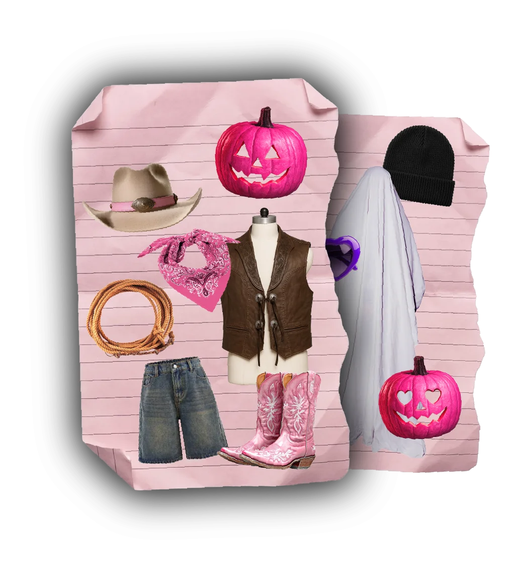 A rail of Halloween costume pieces — hats, a vest, a jacket and carved pumpkins