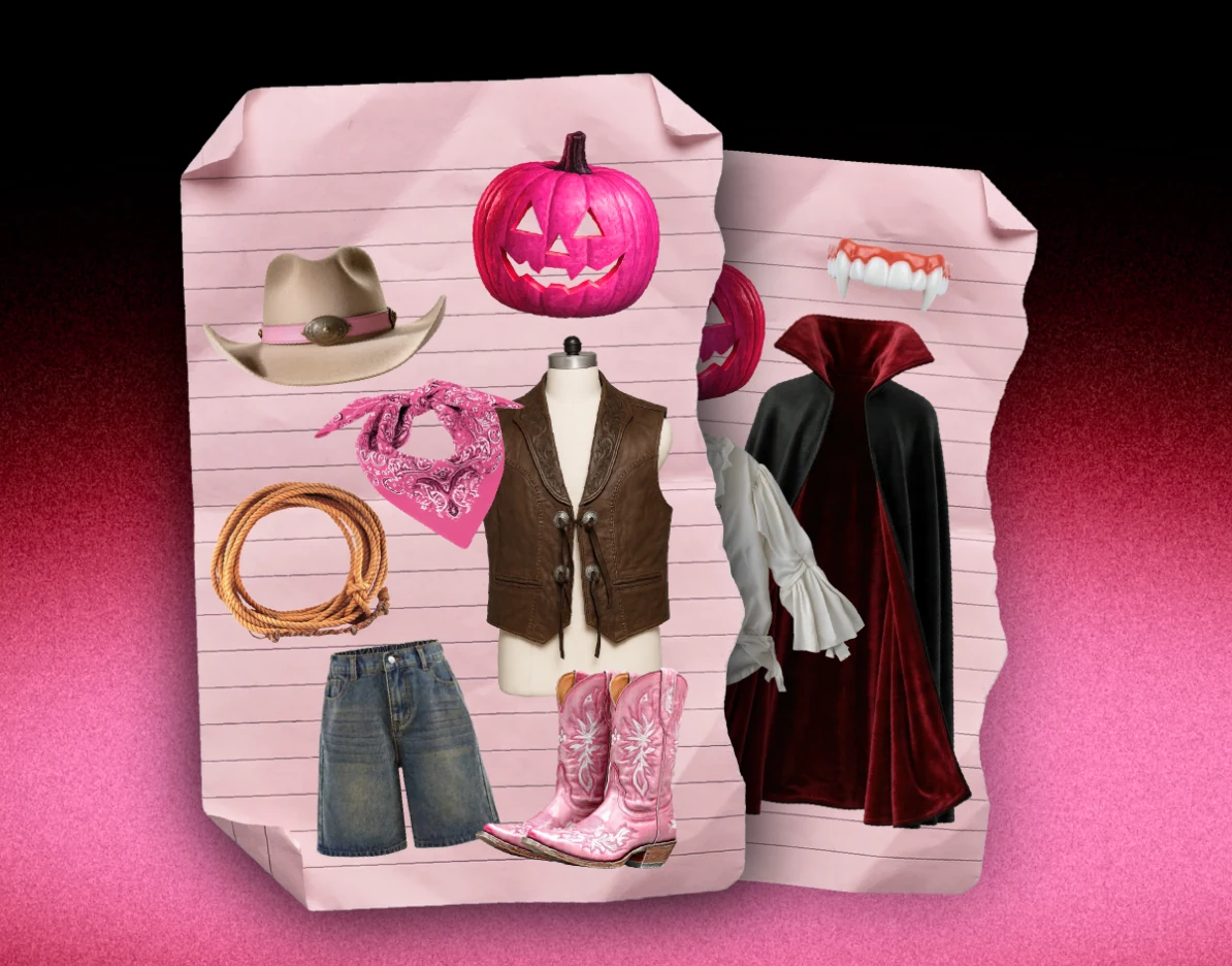 A costume board on lined paper — a cowboy hat, bandana, lasso and boots beside a vampire cape and fangs